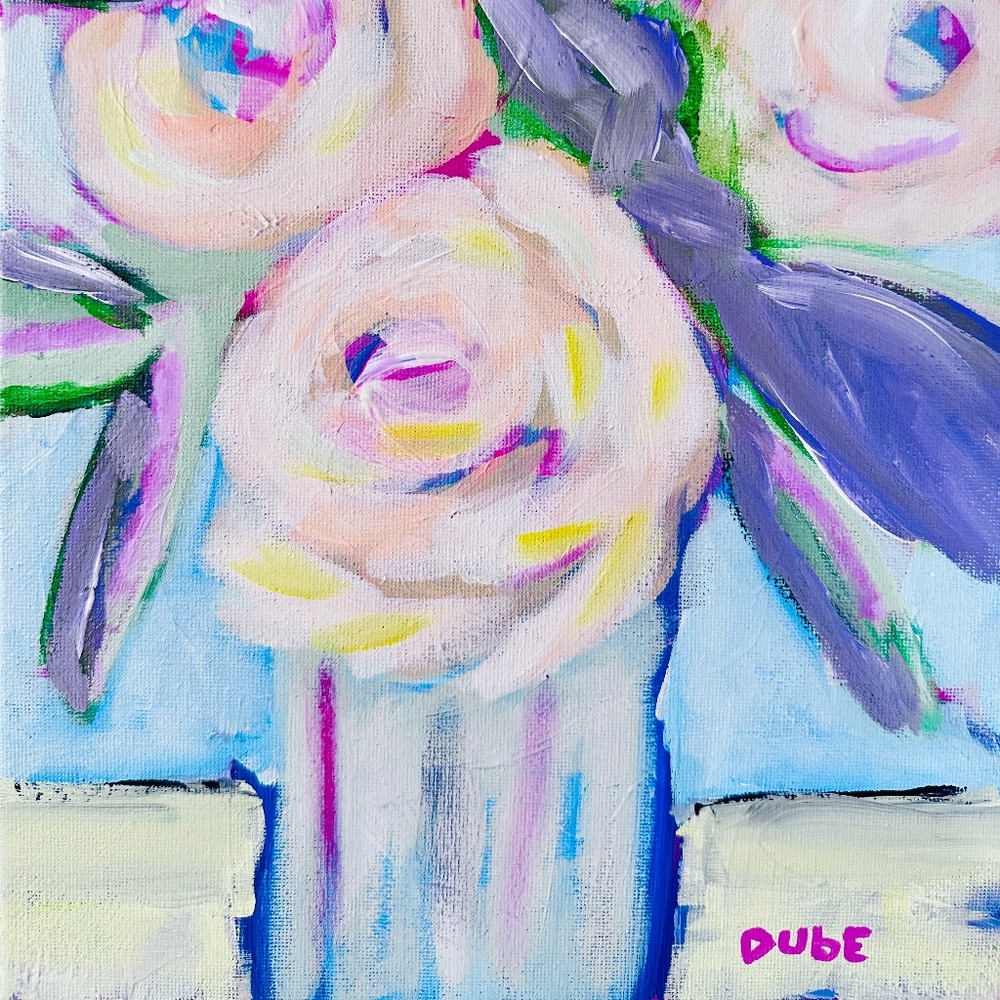 Hand Crafted Pastel Floral Painting - Pink, Purple, Green 9" x 12" Canvas OOAK